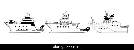 Set of black white hand drawn vector research vessels on white background Stock Vector
