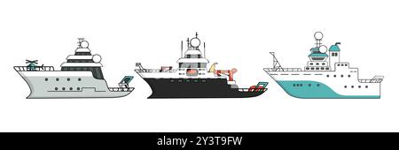 Set of hand drawn isolated research vessels for sea exploration, expedition ship with helicopter. Each vessel poised for scientific discovery with Stock Vector