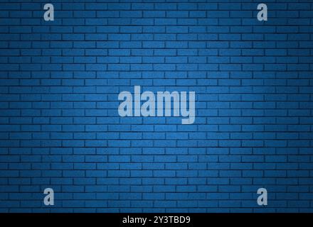 Blue color brick wall background real texture. Intense night time vibe with spotlight on empty building backdrop. Bricks constructed in running bond. Stock Photo