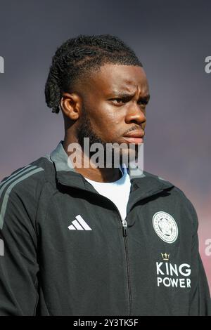 #10, Stephy Mavididi of Leicester City attempts a shot on goal during ...