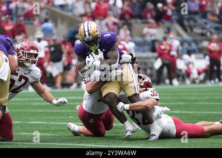 Seattle, United States. 14th Sep, 2024. Washington Huskies running back Jonah Coleman (1) runs the ball during the fourth quarter of the 2024 Apple Cup at Lumen Field in Seattle, Washington on September 14, 2024. (Photo credit Nate Koppelman/Sipa USA) Credit: Sipa USA/Alamy Live News Stock Photo