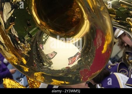 Seattle, United States. 14th Sep, 2024. Lumen Field is reflected on a Tuba before the 2024 Apple Cup between the Washington Huskies and the Washington State Cougars at Lumen Field in Seattle, Washington on September 14, 2024. (Photo credit Nate Koppelman/Sipa USA) Credit: Sipa USA/Alamy Live News Stock Photo