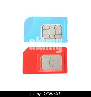 Two SIM cards isolated on white, top view Stock Photo