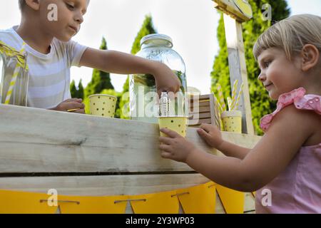 Cute boy pouring lemonade into girl's cup in park Stock Photo