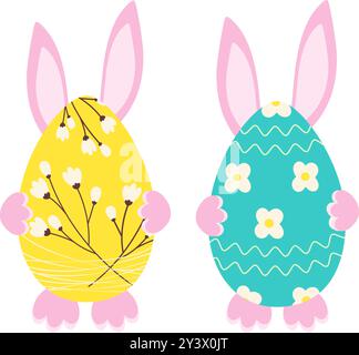 Pink rabbit hiding behind patterned Easter Egg. Set of 2 festive elements Greetings design concept. Vector illustration Cards, poster, banner, brochure, price tag, label or web, promo leaflets idea Stock Vector