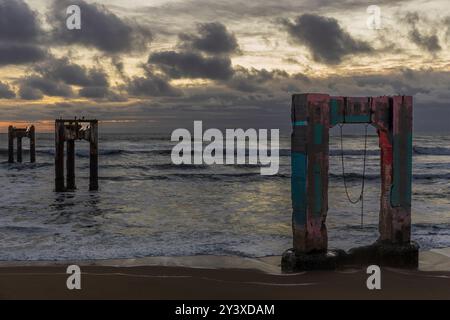 Dramatic Sunset over the Abandoned Davenport Pier. Davenport, Santa Cruz County, California, USA. Stock Photo