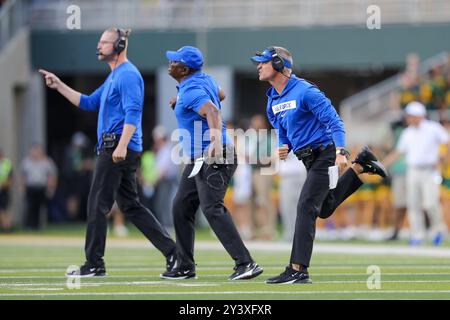 Waco, Texas, USA. 14th Sep, 2024. Members of Air Force's coaching staff celebrate a defensive play against against Baylor at McLane Stadium on Saturday. (Credit Image: © Brian McLean/ZUMA Press Wire) EDITORIAL USAGE ONLY! Not for Commercial USAGE! Stock Photo