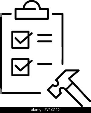 Checklist on clipboard and hammer. Project completion, engineering and construction. Pixel perfect, editable stroke vector icon Stock Vector