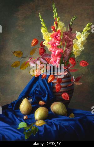 Still life with splendid bouquet and fruits Stock Photo - Alamy