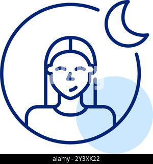Woman user avatar and crescent moon. Quiet mode on social media and messengers. Pixel perfect, editable stroke vector icon Stock Vector
