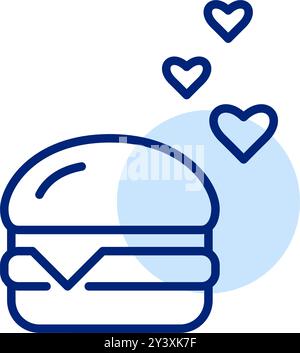 Hamburger and hearts. Food option reviews, add to favorites, delivery app. Pixel perfect, editable stroke vector icon Stock Vector