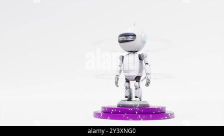 3D cyber bot robot helper on purple stages 3d render Stock Photo