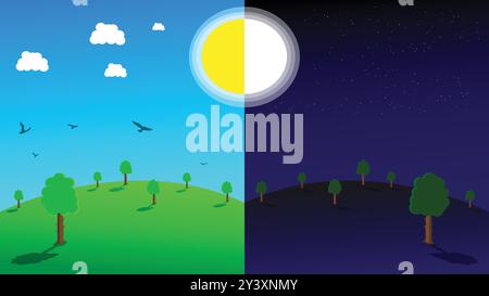 Day and night illustration one frame nature illustration Stock Vector