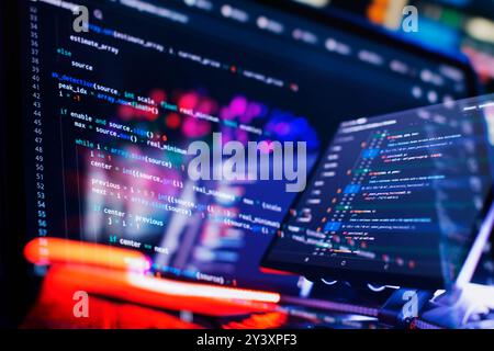 Work from home. Programmer coding code on notebook screen at Stock Photo