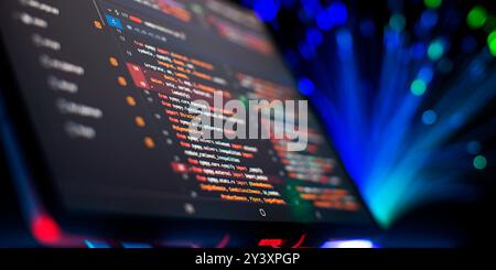 Modern tech. PHP syntax highlighted. Writing programming functions on laptop. Stock Photo