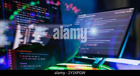 Work from home. Programmer coding code on notebook screen at Stock Photo
