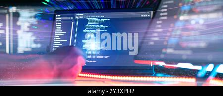 Work from home. Programmer coding code on notebook screen at Stock Photo