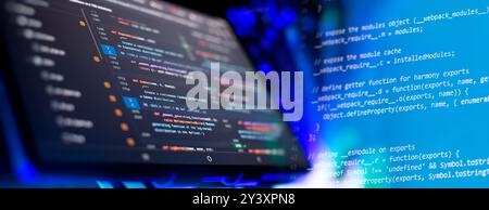 Modern tech. PHP syntax highlighted. Writing programming functions on laptop. Stock Photo