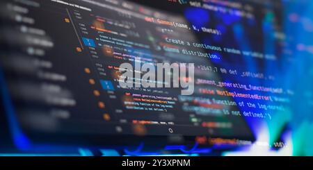 Modern tech. PHP syntax highlighted. Writing programming functions on laptop. Stock Photo