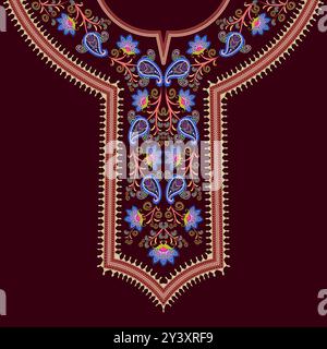 Embroidery neck design with floral paisley patterns and vine scroll motifs on a dark red background. Stock Vector