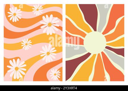 Two abstract designs featuring a daisy pattern and a sunburst design in a retro color palette. Stock Vector