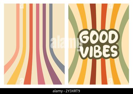 A retro-inspired graphic design with a striped pattern and the words "Good Vibes" in a stylized font. Stock Vector