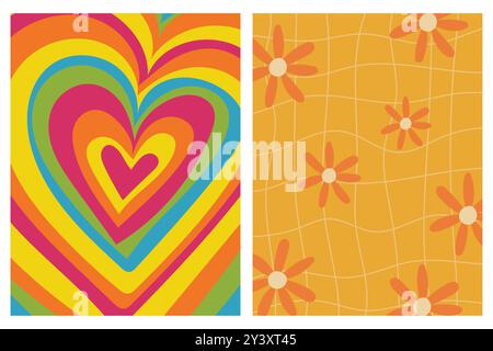 A bright and colorful image featuring a heart-shaped pattern on the left and a daisy pattern on a grid background on the right. Stock Vector