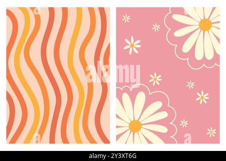 Two abstract patterns, one with wavy lines and one with daisies, on a pink and orange background. Stock Vector