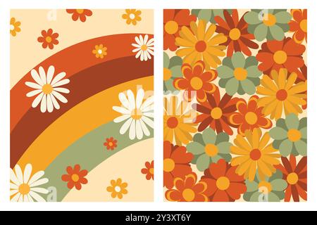 A retro-inspired floral pattern featuring daisies and a rainbow, designed in a vibrant color palette. Stock Vector