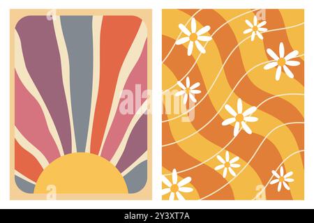 Two abstract illustrations featuring a retro sun and daisies on a wavy background. Stock Vector