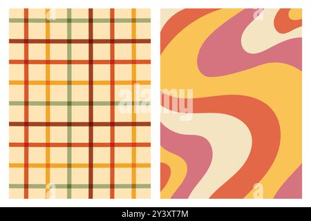 Two abstract patterns, one with plaid and the other with wavy lines, in earthy tones. Stock Vector