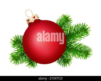 1 red Christmas ball and fir branches isolated on white background Stock Photo