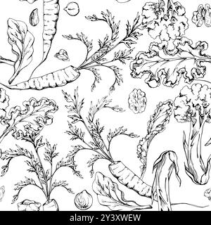Carrot, nuts and green salad mix for diet, healthy lifestyle, vegan cooking. Hand drawn vector ink. Illustration seamless pattern isolated on white Stock Vector