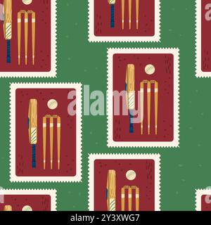 Cricket patchwork seamless pattern. Bento box repeat background. Bat wicket bails and ball retro post stamps endless design. Vector hand drawn flat il Stock Vector