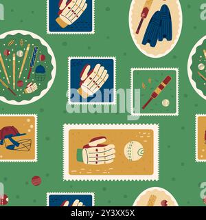 Cricket seamless pattern. Bento box repeat background. Sport retro post stamps and sticker endless design. Vector hand drawn flat illustration. Stock Vector