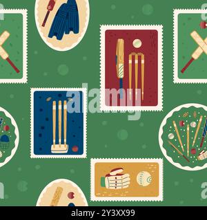 Cricket patchwork seamless pattern. Bento box repeat background. gloves, wicket bails, ball retro post stamps surface pattern design. Vector hand draw Stock Vector