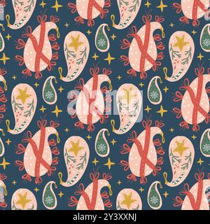 Christmas baubles seamless pattern. Happy New Year paisley endless background. Xmas balls repeat cover. Yuletide continuous surface. Vector hand drawn Stock Vector