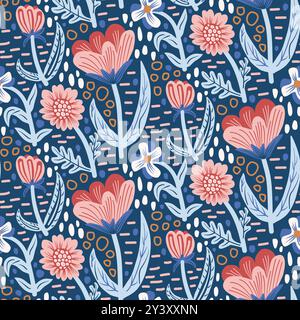 Floral abstract seamless pattern. Boho style colorful flowers and leaves on dark blue endless background. Folk repeat cover. Surface pattern design ga Stock Vector