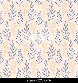 Leaves seamless pattern. Simple floral repeat background. Stylized beige and blue branches surface pattern design. Vector flat hand drawn illustration Stock Vector