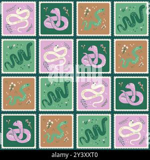 Snakes quilted seamless pattern. Various reptiles patchwork repeat background. Animal pythons surface pattern design. Vector hand drawn flat illustrat Stock Vector