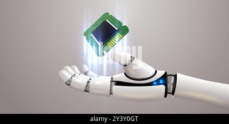 Robot hand holding processor. Technology, machine learning, neural network, Artificial Intelligence, AI. Vector illustration Stock Vector