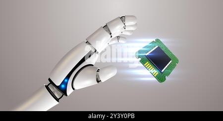 Robot hand holding processor. Technology, machine learning, neural network, Artificial Intelligence, AI. Vector illustration Stock Vector