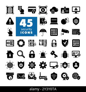 Security vector icon set. Cyber lock, password, unlock. Guard, shield, home security system icons. Eye access, electronic check, firewall. Internet pr Stock Vector