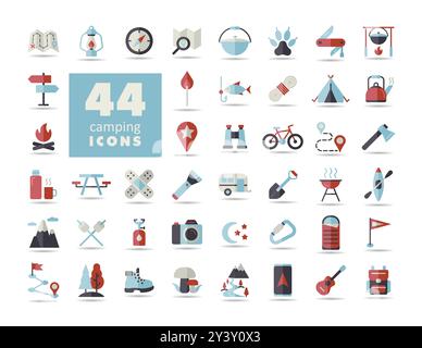 Camping, Hiking, Nature and Outdoor Activities isolated icons set. Graph symbol for travel and tourism web site and apps design, logo, app, UI Stock Vector