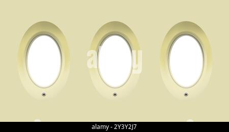 Airplane windows, view from inside cabin with beige sidewall Stock Photo
