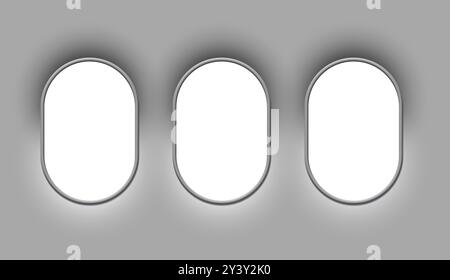 Airplane windows, view from inside cabin with grey sidewall Stock Photo