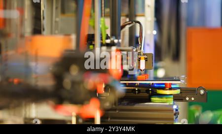 3D printer farm in a home factory. Production and handicraft. New technologies. Stock Photo