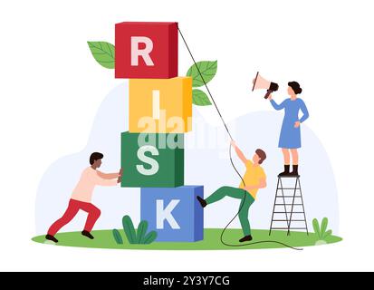 Reduce financial risk, business strategy to avoid danger and prevent money loss. Tiny people control tower of colorful cubes with text Risk, stop falling accident cartoon vector illustration Stock Vector