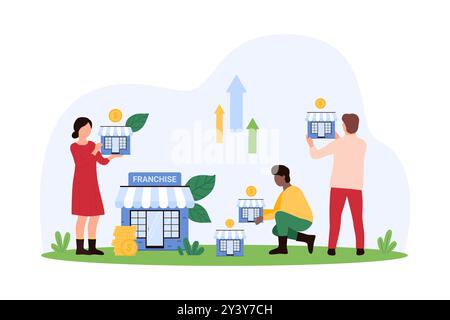 Franchise development, plan corporate company branch expansion for business growth. People holding small buildings to expand network empire of retail store or restaurant cartoon vector illustration Stock Vector
