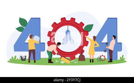 404 error message of system, page not found, disconnect and internet failure. Tiny people of maintenance and tech support service cleaning up broken light bulb fragments cartoon vector illustration Stock Vector